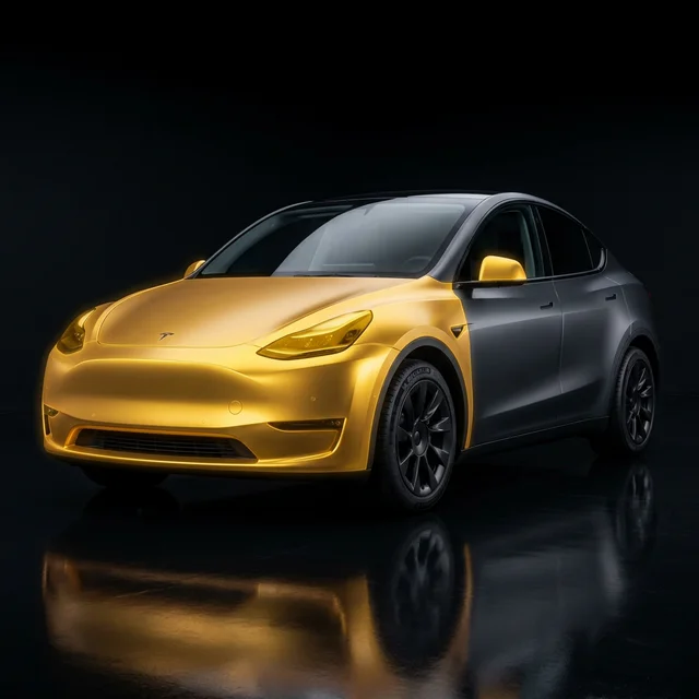 Tesla Model Y showing highlighted full front PPF coverage including full hood, full bumper, full fenders, headlights, and mirrors